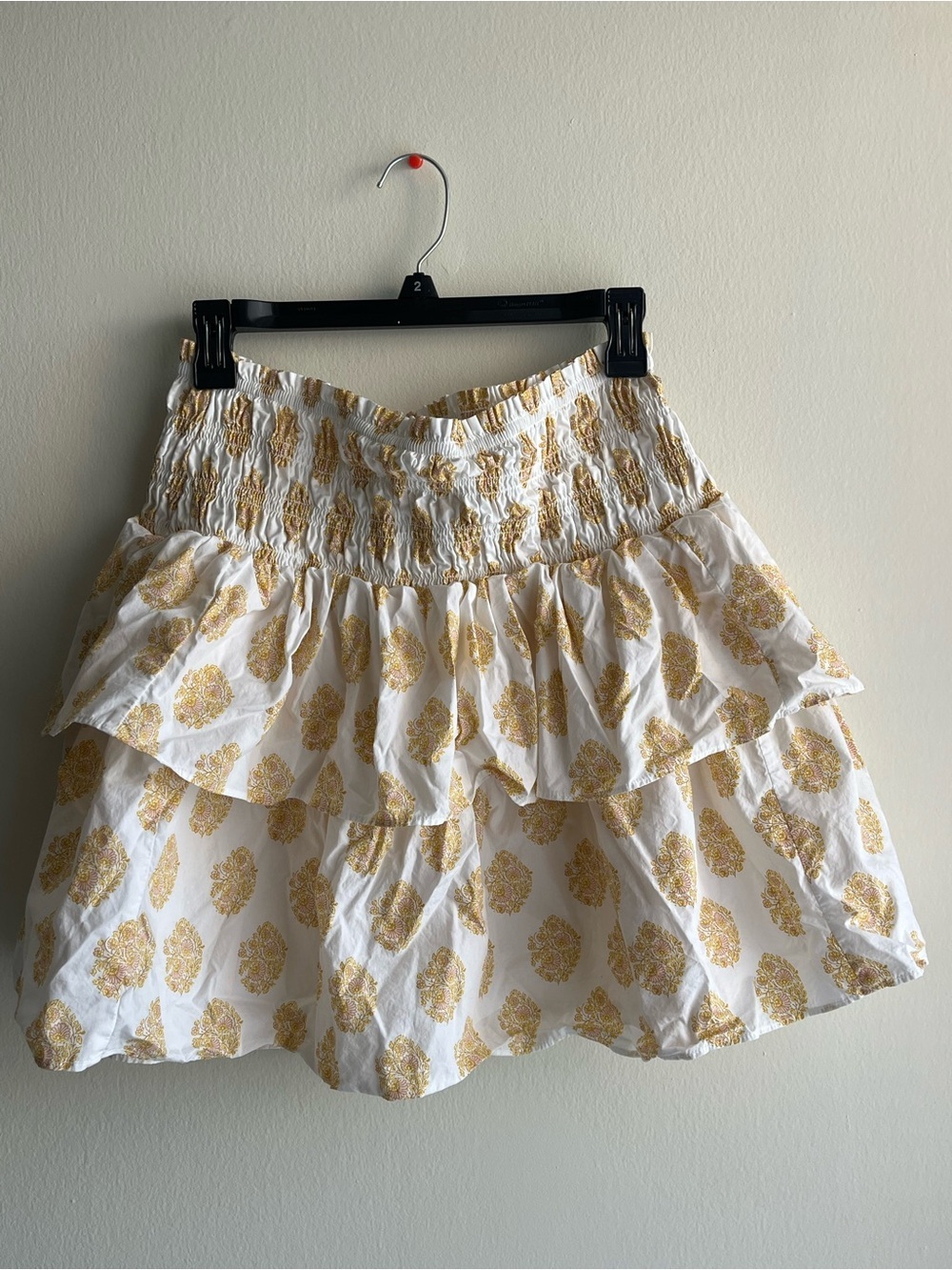 J. Crew White Skirt with Gold Paisley Print Floral and Tiered Ruffle Size Large